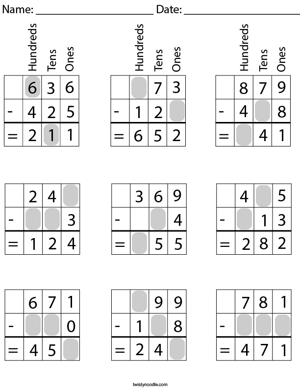 Subtraction Missing Numbers Worksheets